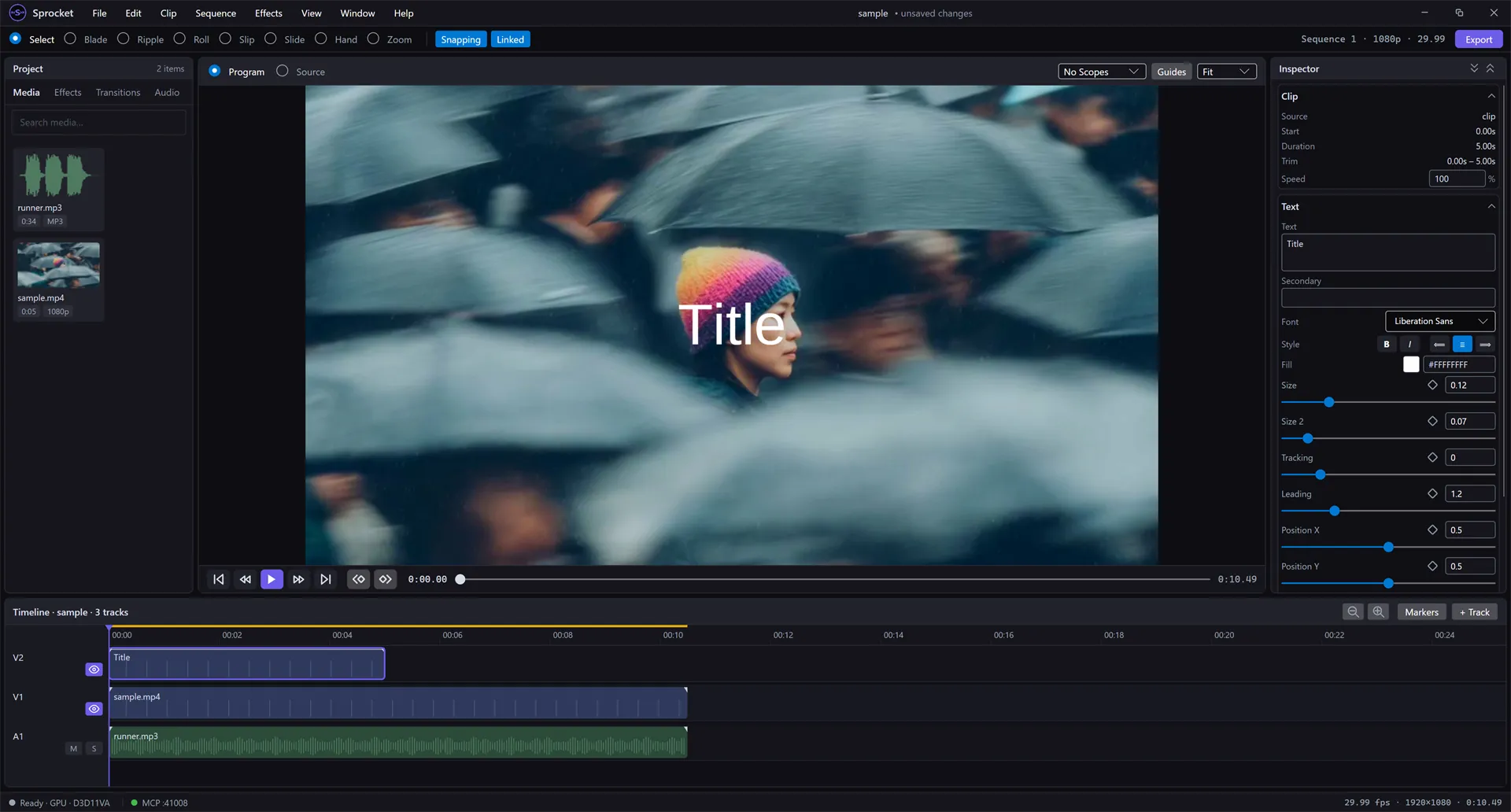 A Title clip on a new V2 track, the Program preview showing "Title" over the video, and the Inspector's Text section with Text, Secondary, Font, alignment buttons, Fill, Size, and position rows