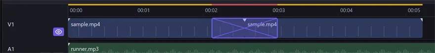 A Cross Dissolve on the cut between two clips, shown as a shaded box with an X over the timeline