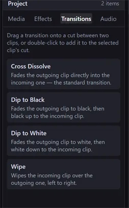 The Transitions tab in the Project panel, listing Cross Dissolve, Dip to Black, Dip to White, and Wipe