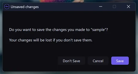 The Unsaved changes dialog asking "Do you want to save the changes you made to "sample"? Your changes will be lost if you don't save them." with Don't Save, Cancel, and Save buttons