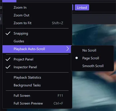 The View menu open with the Playback Auto-Scroll submenu showing No Scroll, Page Scroll (selected), and Smooth Scroll