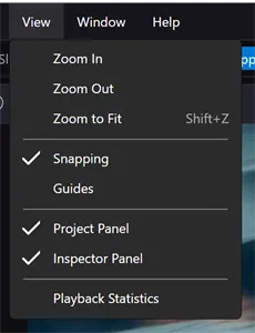 The View menu open, with Playback Statistics at the bottom below Project Panel and Inspector Panel