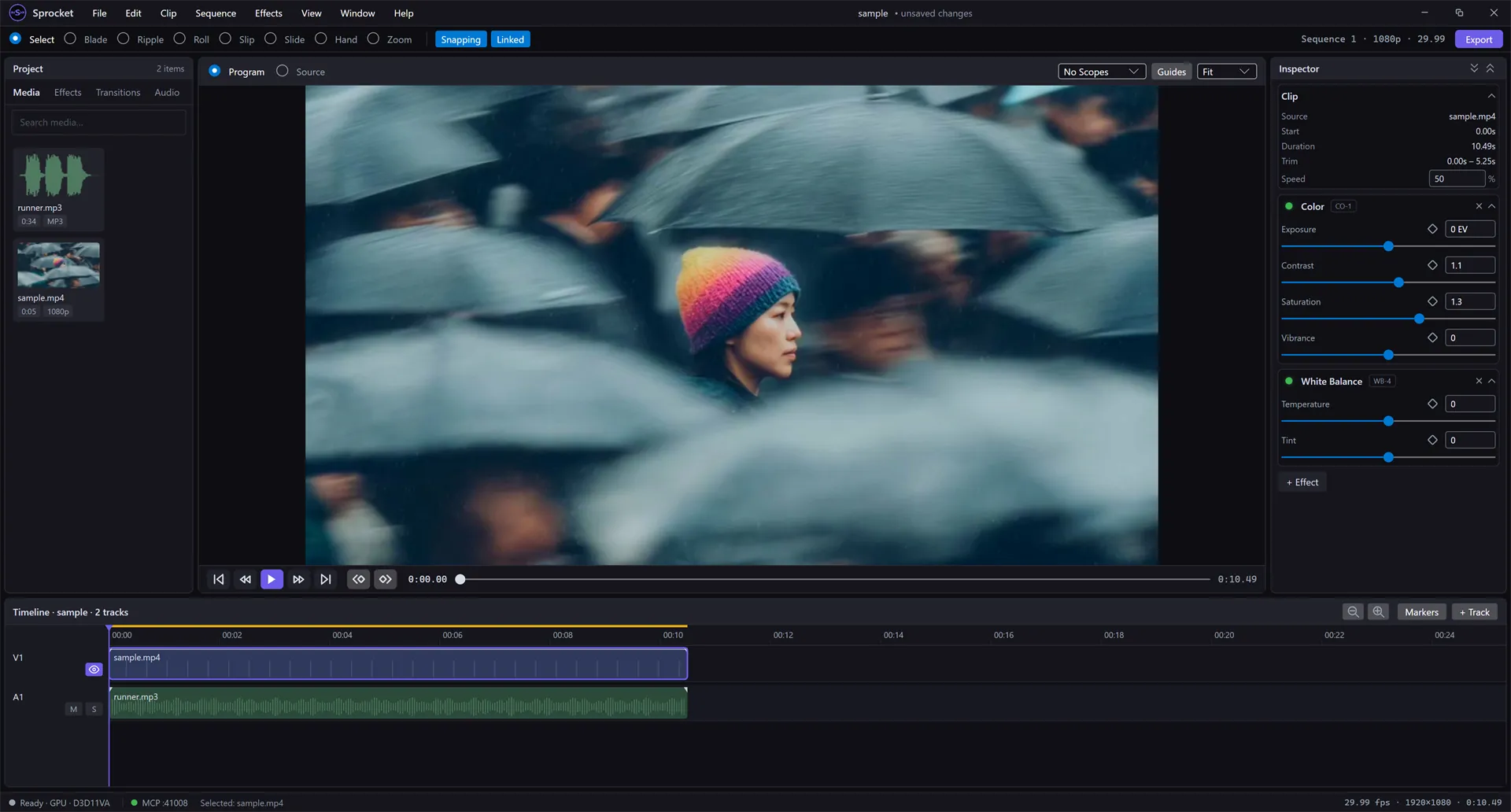 The Inspector showing the White Balance effect with Temperature and Tint sliders