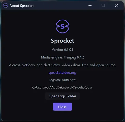 The About Sprocket window, showing the version, media engine, website link, the logs folder path, and the Open Logs Folder and Close buttons
