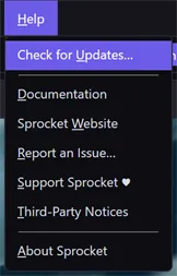 The Help menu open, showing Check for Updates…, Documentation, Sprocket Website, Report an Issue…, Support Sprocket, Third-Party Notices, and About Sprocket
