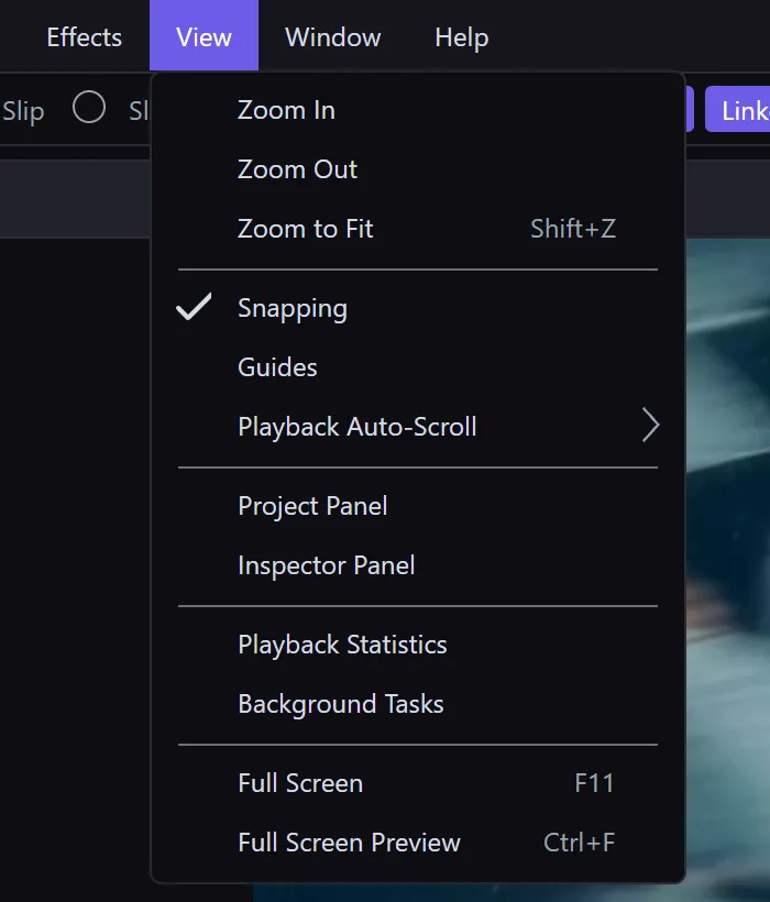 The View menu open, with Project Panel and Inspector Panel in the middle and Full Screen and Full Screen Preview at the bottom