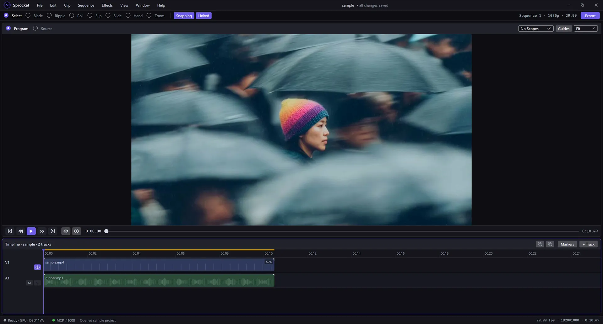 The Sprocket main screen with the Project panel and Inspector hidden, so the monitor and timeline fill the full width
