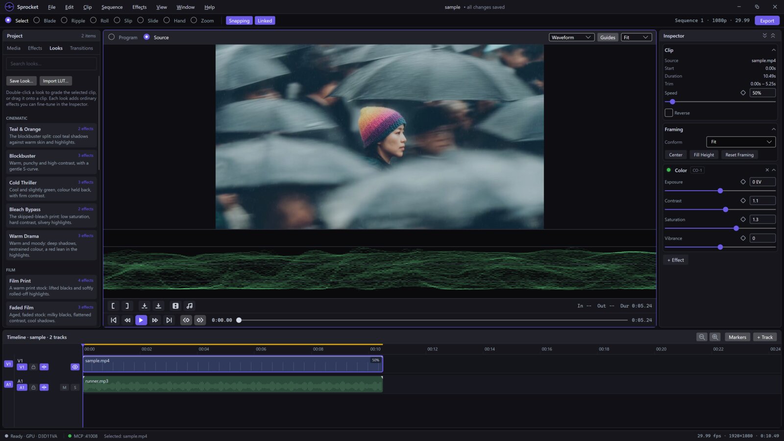 Sprocket video editor with the Looks panel, Source monitor with waveform scope, Inspector and a two-track timeline.